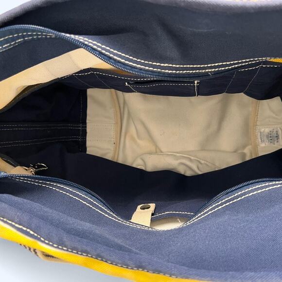 Lands’ End yellow and white striped thick canvas tote bag with navy blue trim - Picture 3 of 8